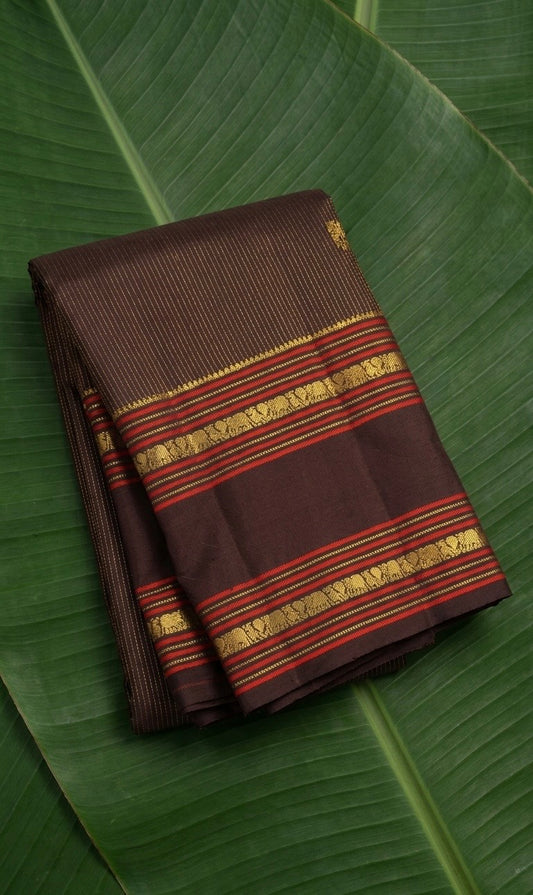 Deep Cocoa Brown and Crimson Red Handwoven Pure Silk Kanchipuram Saree with Oosi Vaanam Rettapet Border