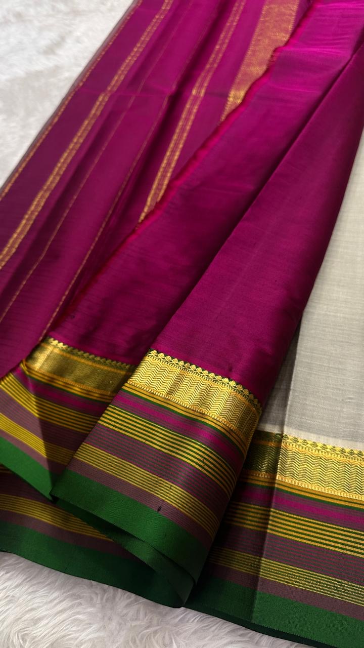 Silver Ash and Rani Pink Handwoven Lightweight Pure Silk Kancheepuram Saree: view 3