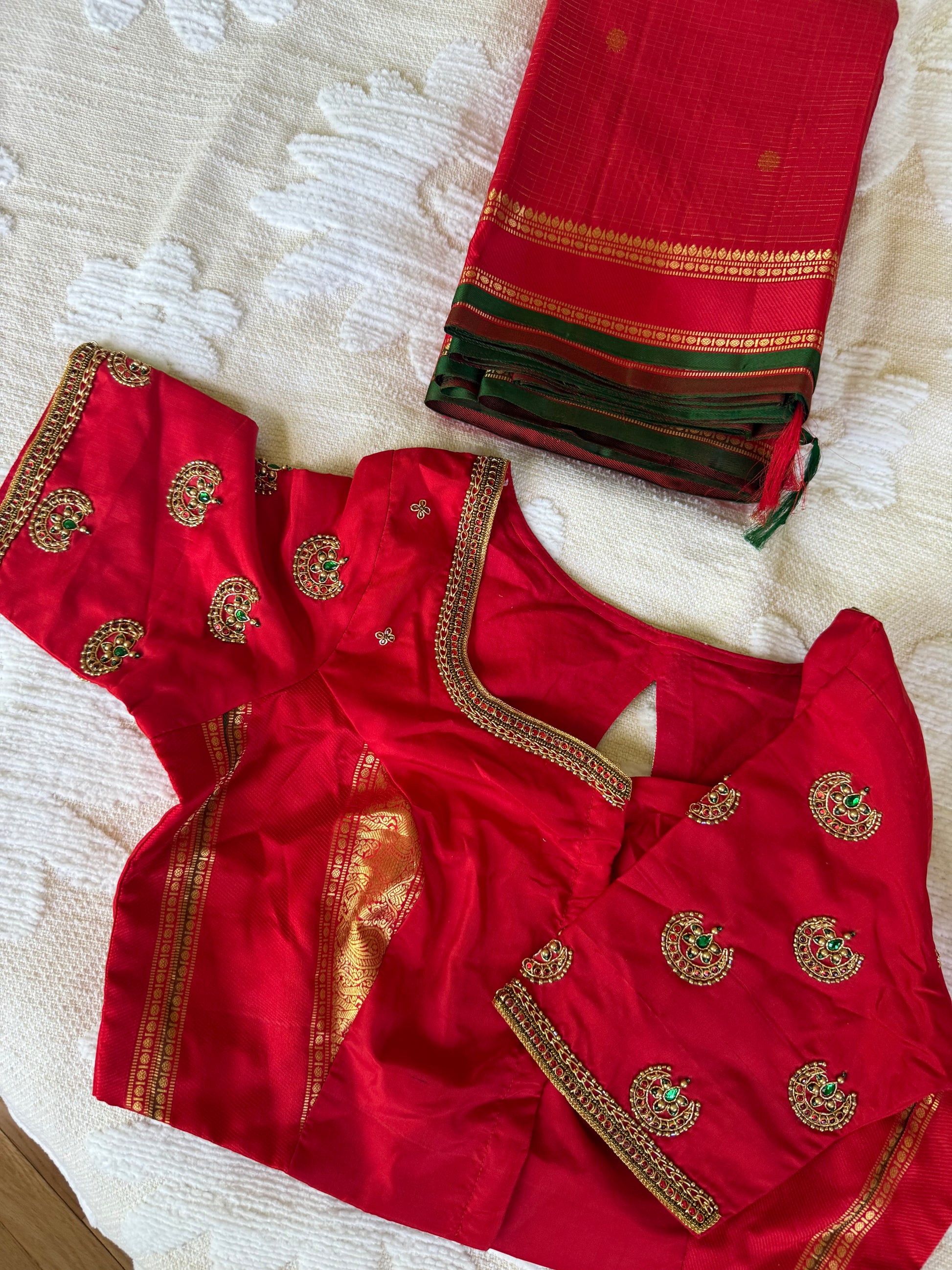 Hand embroidered maroon brown silk blouse with maggam embroidery and kemp stone work handcrafted in New Jersey