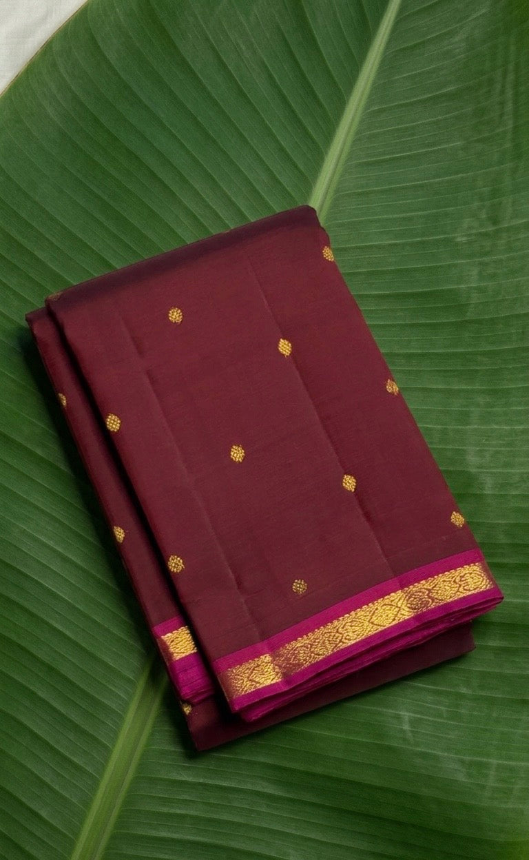 Deep maroon Kanchipuram pure silk saree with floral butta and magenta zari border Idam Living