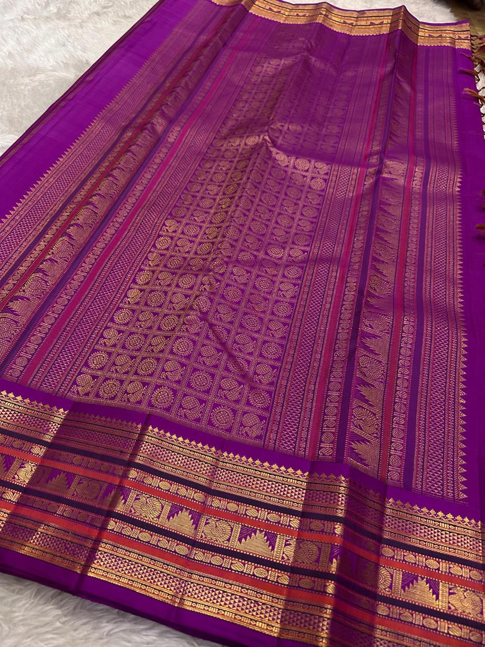 Sandal Taupe and Royal Violet Kanchipuram Silk Saree – Densely Woven Kanchipattu
