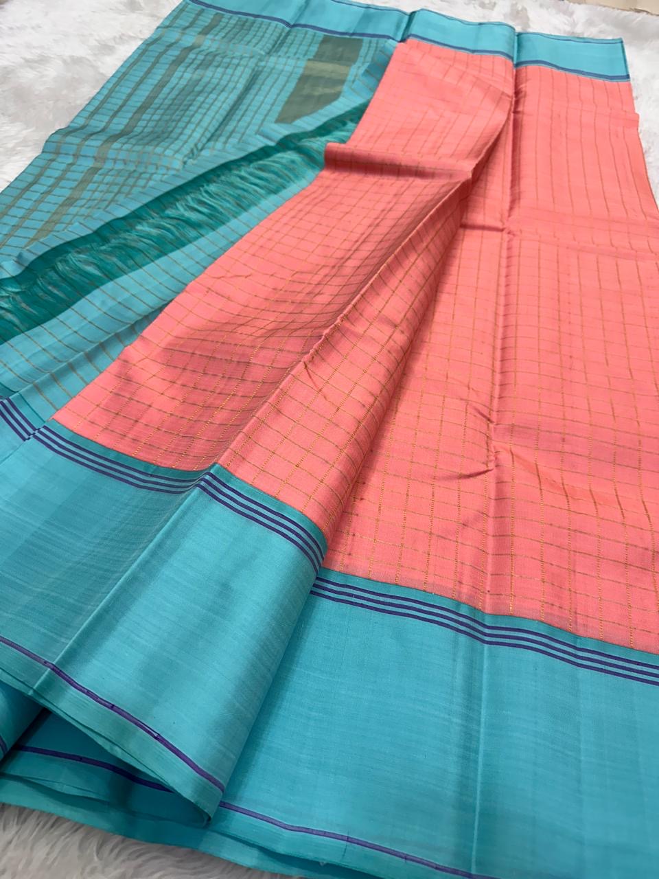 Blush Rose and Aqua Blue Kanchipuram Silk Saree – Densely Woven Kanchipattu