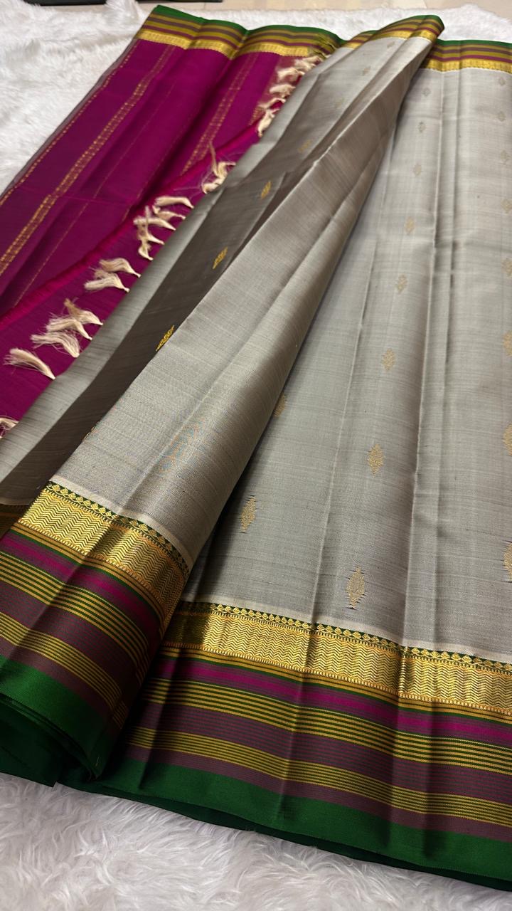 Silver Ash and Rani Pink Handwoven Lightweight Pure Silk Kancheepuram Saree: view 1