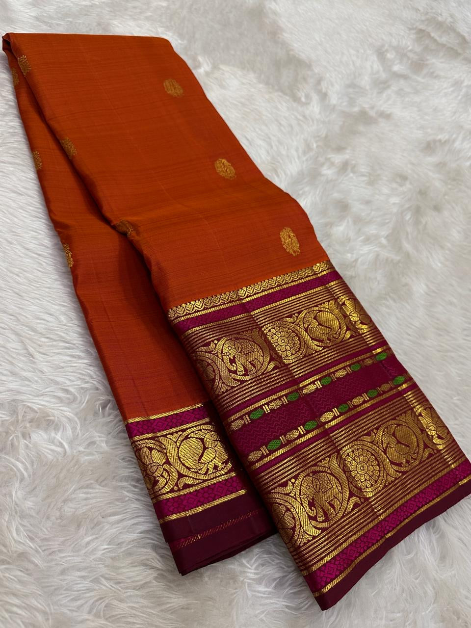 Burnt Terracotta and Jamun Purple Kanchipuram Silk Saree – Elephant Archway Border Detail