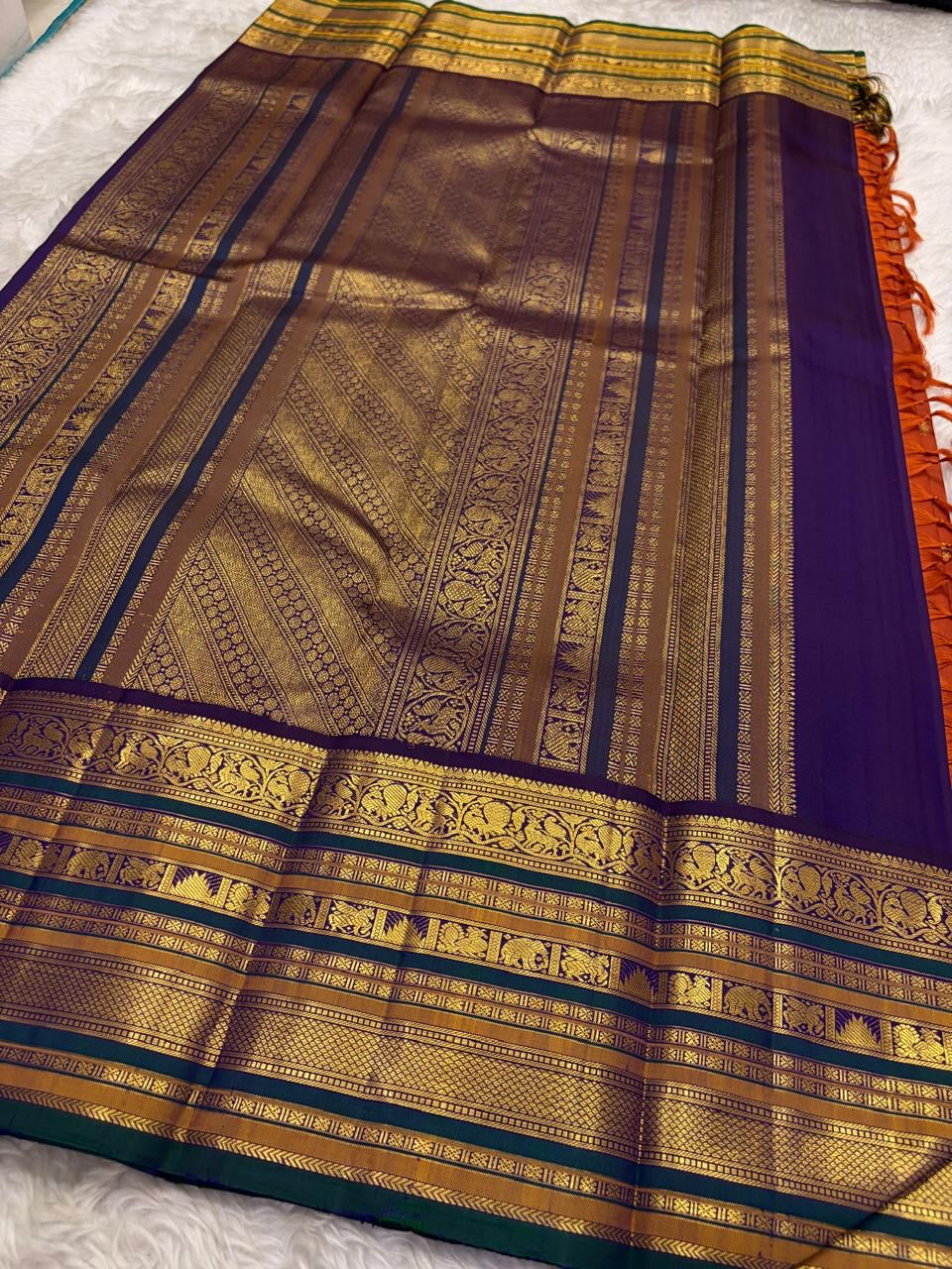 Burnt Rust and Violet Kanchipuram Silk Saree – Elephant Motif Yaanai Border