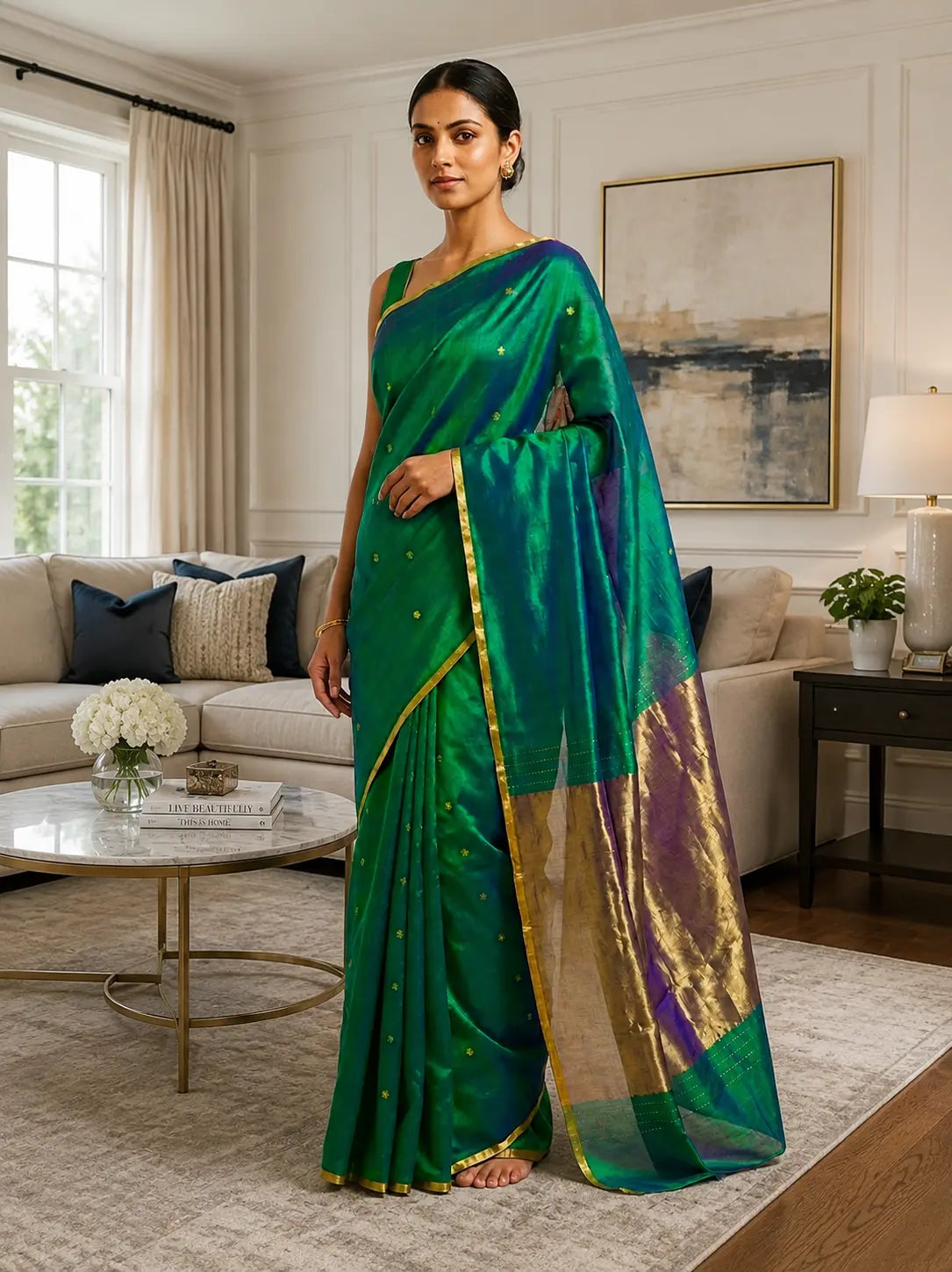 Emerald green and royal blue pure silk Chanderi handloom saree with traditional gold zari border styled in a luxury white panel wall New Jersey living room