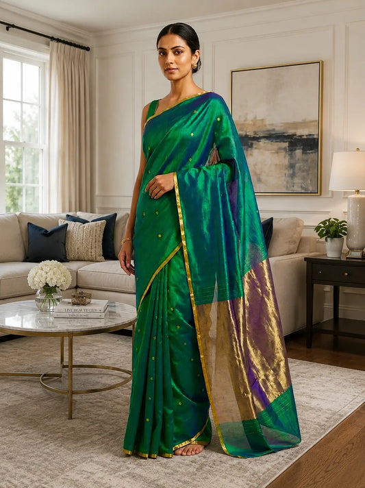 Emerald green and royal blue pure silk Chanderi handloom saree with traditional gold zari border styled in a luxury white panel wall New Jersey living room