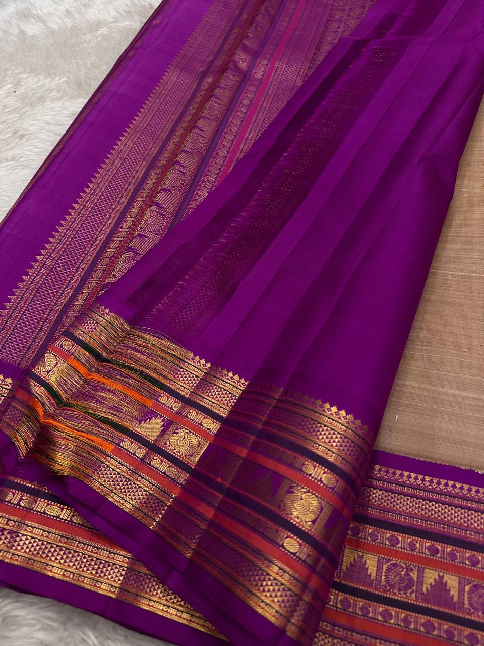 Sandal Taupe and Royal Violet Kanchipuram Silk Saree – Festive Drape View