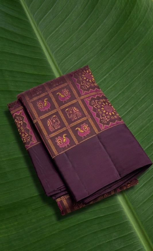 Deep chocolate brown Kanchipuram pure silk saree with Bomkai inspired motif panels and magenta accents Idam Living