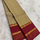 Gold Beige and Maroon Handwoven Pure Silk Kanchipuram Saree with Zari Stripe Border.