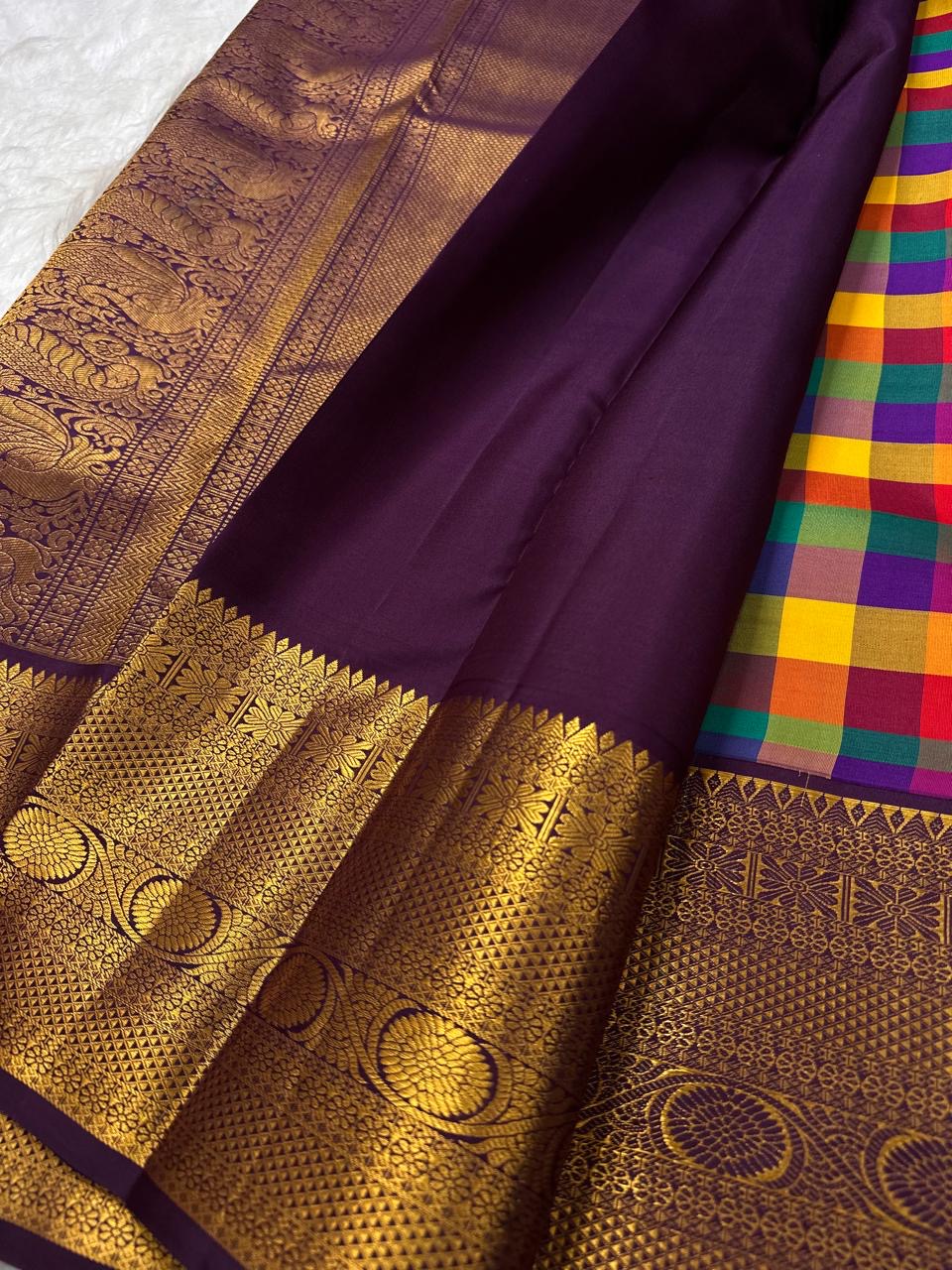 Festival Jewel Checks Handwoven Pure Silk Kanchipuram Kanchi Kattam Saree with Peacock Border – view 5