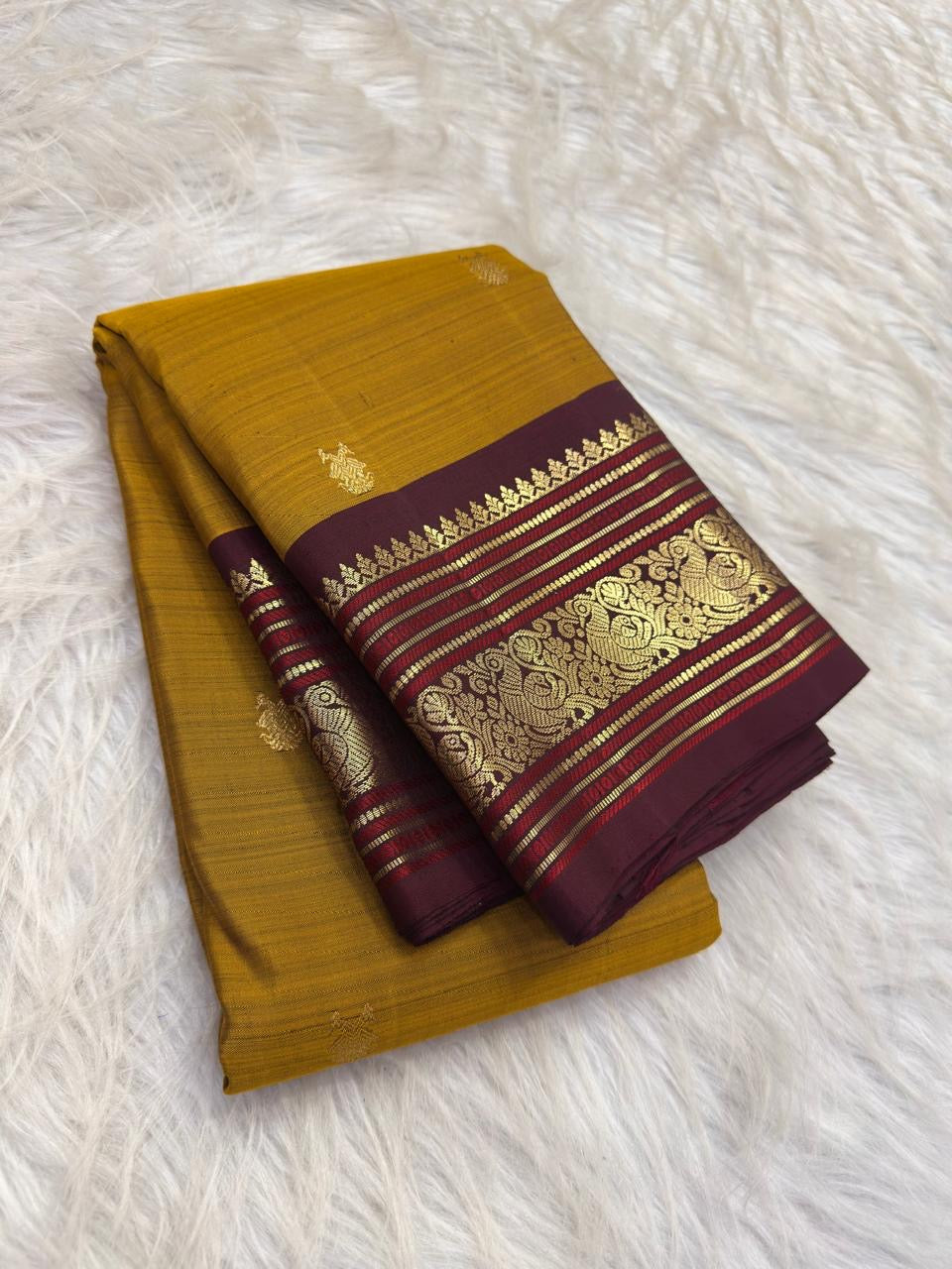 Harvest Gold Handwoven Pure Silk Kanchipuram Butta Saree with Maroon Border – view 1