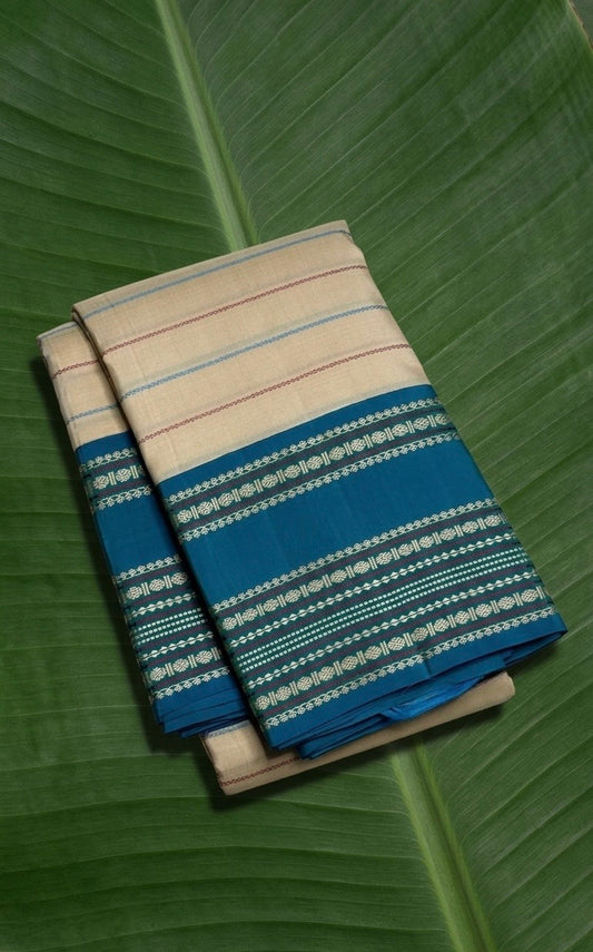 Ivory Cream and Turquoise Blue Handwoven Pure Silk Kanchipuram Saree with Veldhari Korvai Border