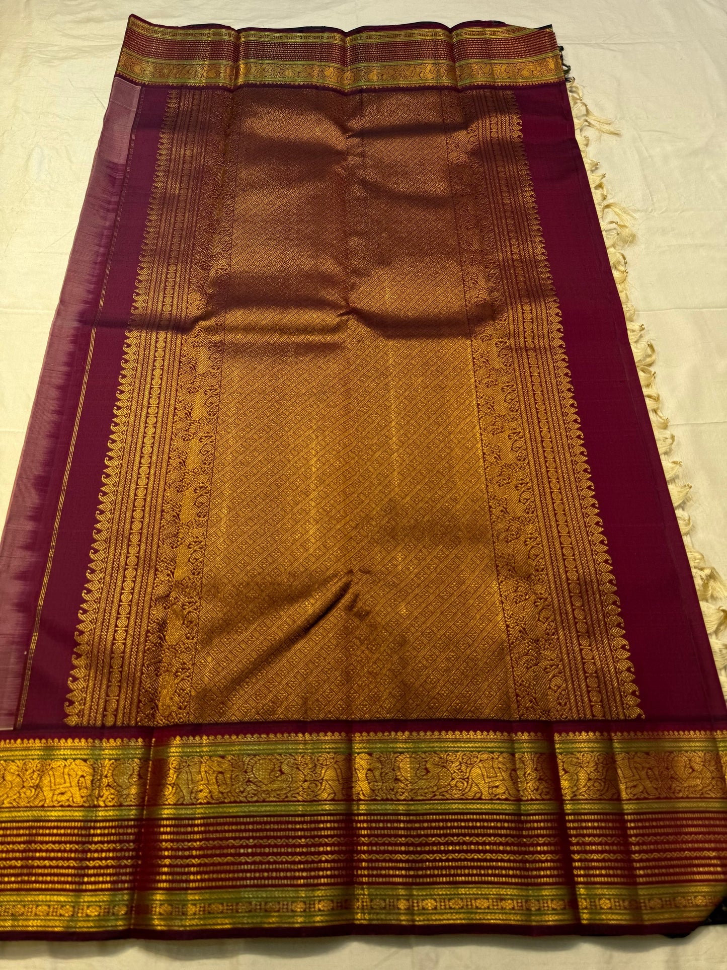 Ivory pure silk Kancheevaram saree with chocolate brown Ganga Jamuna border – Idam Living