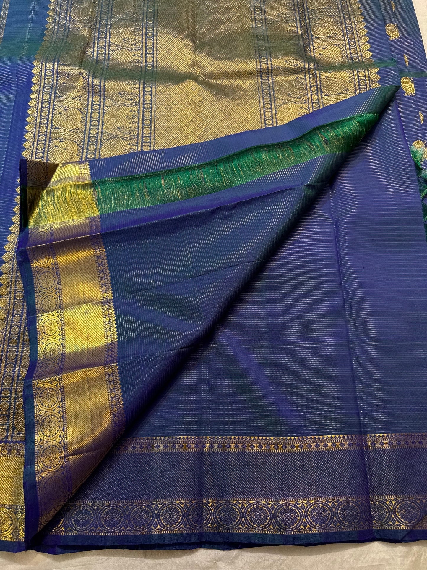 Peacock Blue Handwoven Pure Silk Kanchi Pattu Saree with Vairaoosi Gold Zari Peacock Motifs