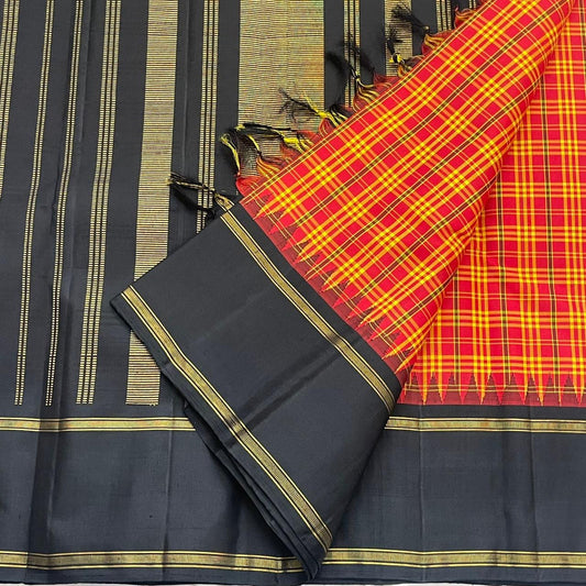 Pure Kanchipuram silk saree in orange red with kanchi kattam check weave and dark brownish black border with traditional gold zari
