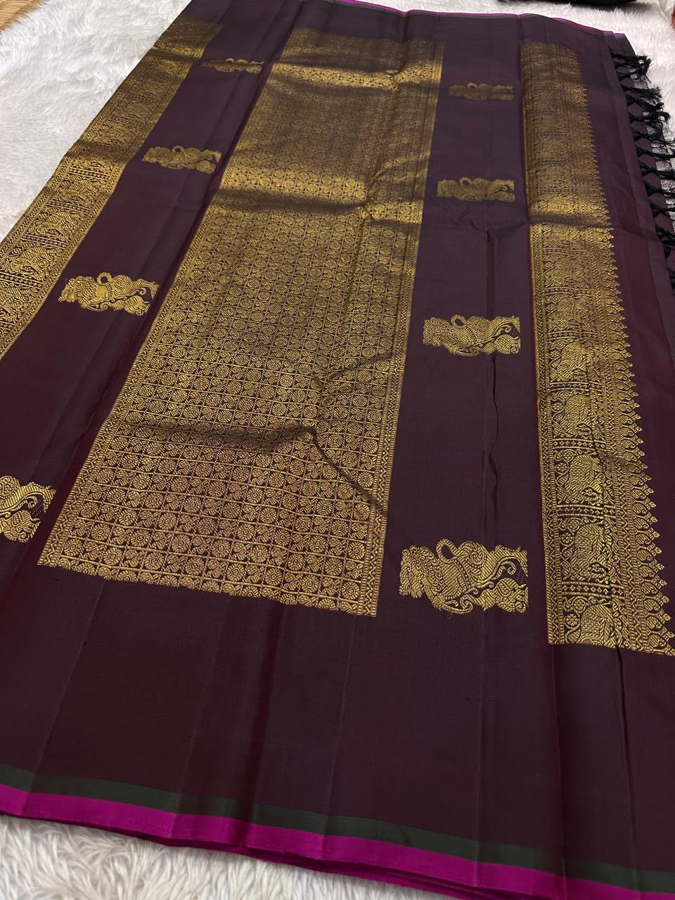 Pure Kanchipuram Silk Saree – Varisaipet Border with Gandaberunda Motifs
