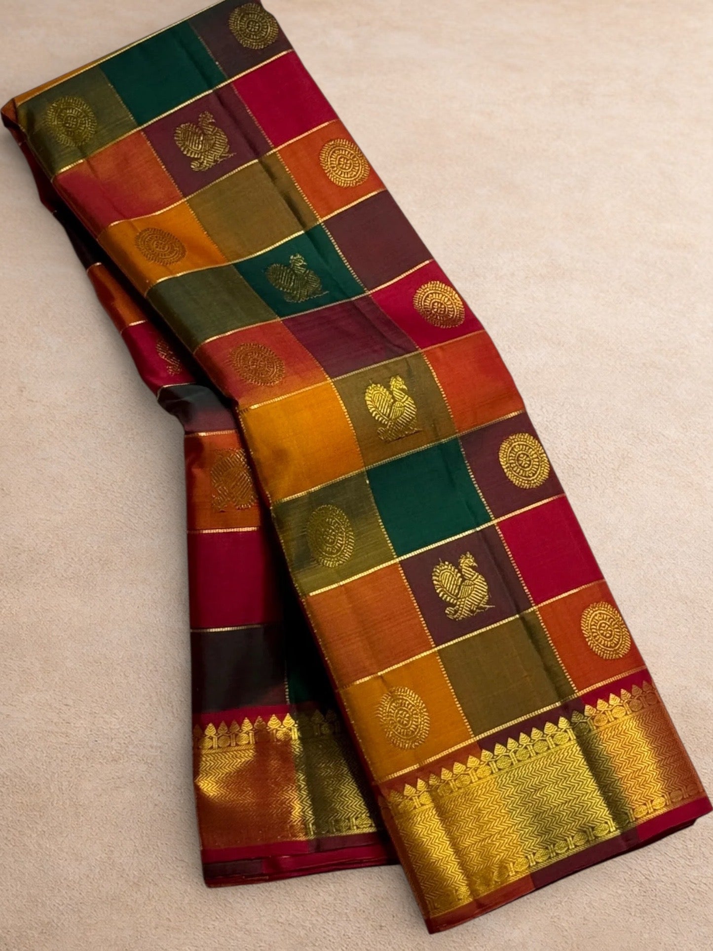 Paalum Pazhamum checkered Kanchipuram silk saree multicolour body draped view