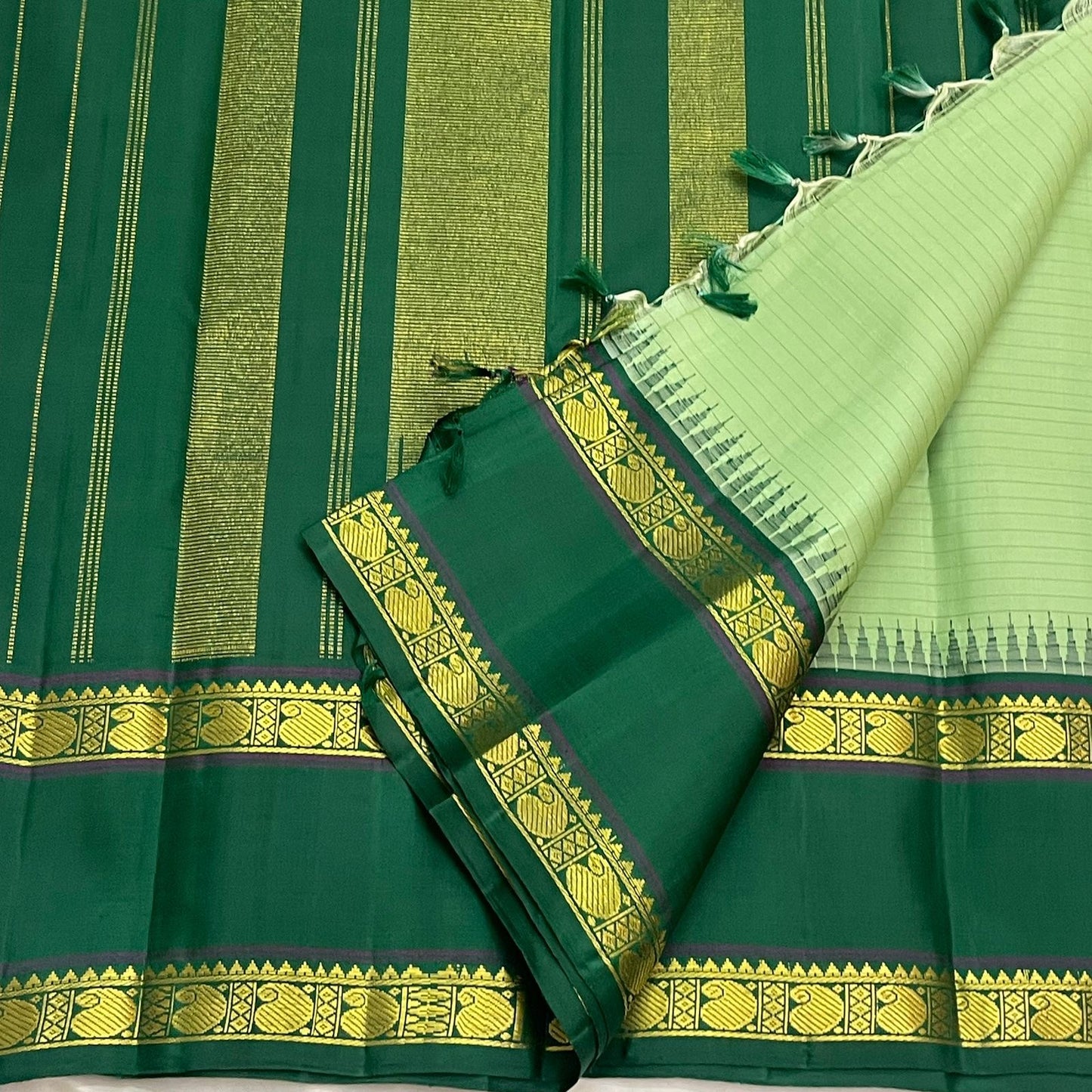 Pure Kanchipuram Silk Saree Sage Green and Dark Green with Traditional Gold Zari Border full saree view