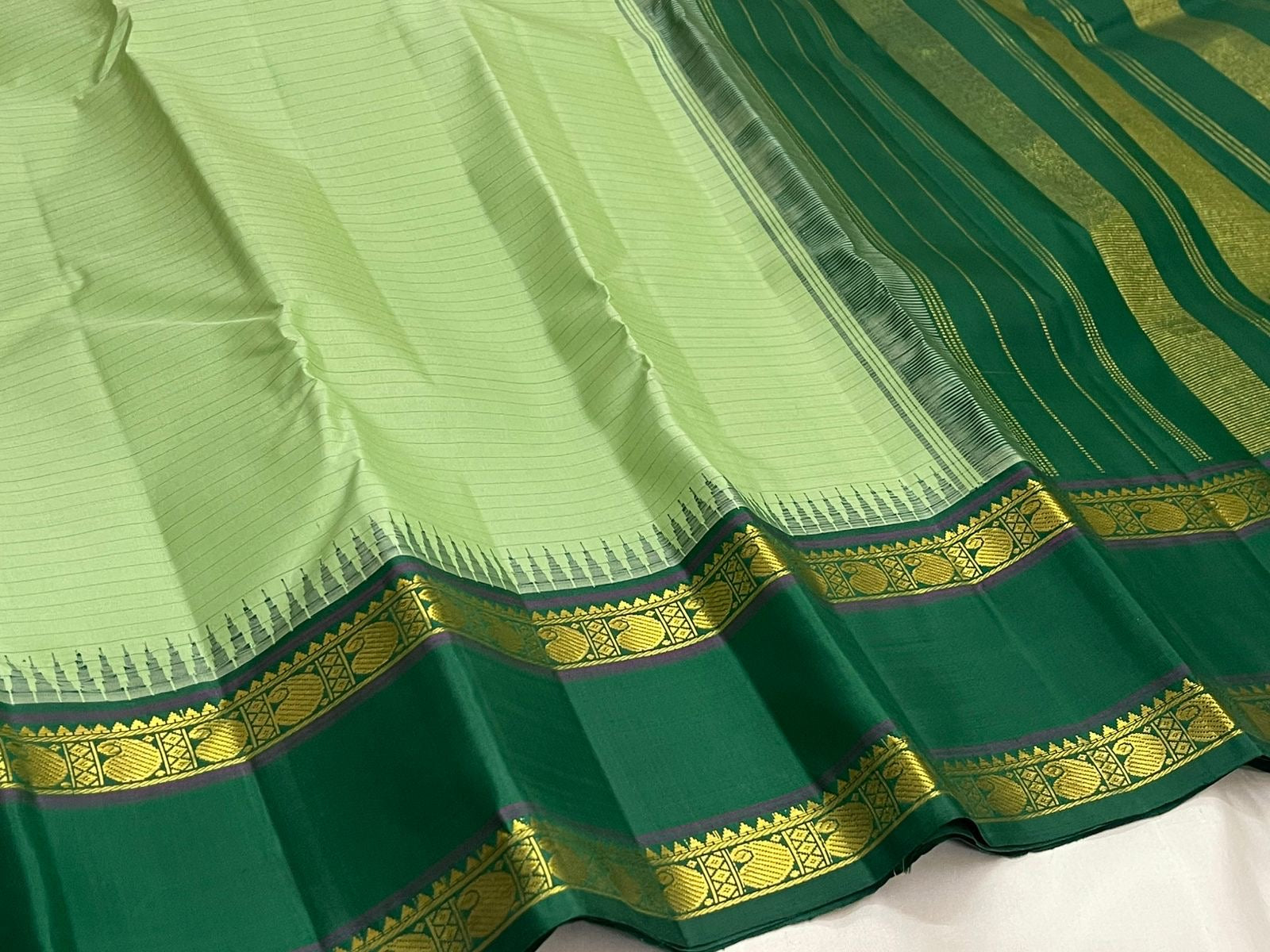 Pure Kanchipuram Silk Saree Sage Green and Dark Green with Traditional Gold Zari Border border detail