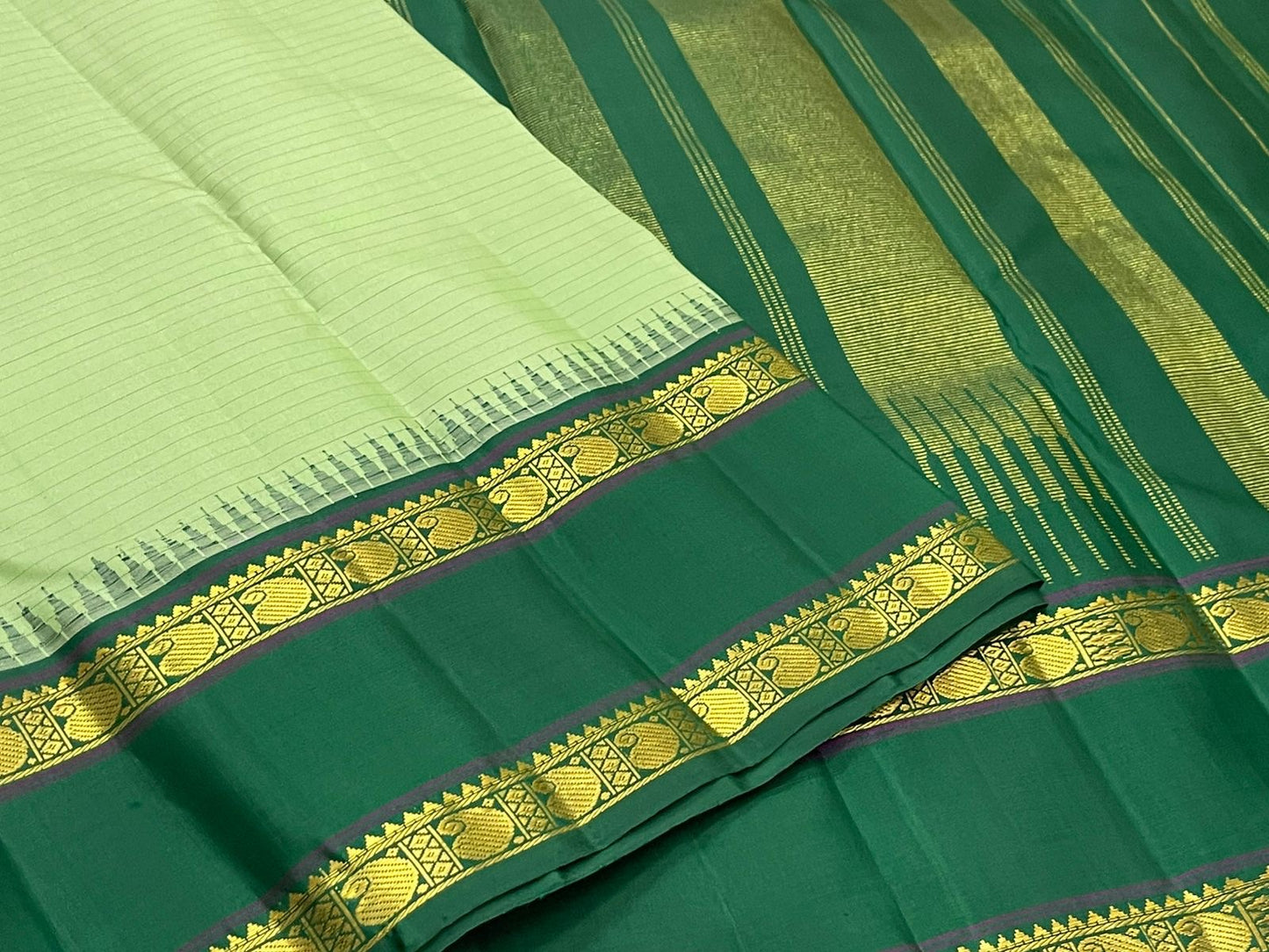 Pure Kanchipuram Silk Saree Sage Green and Dark Green with Traditional Gold Zari Border pallu detail