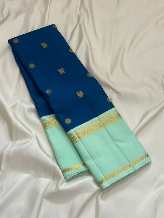 Pure Kanchipuram Silk Saree – peacock with Mayil Chakram Butta and Mint Green Border