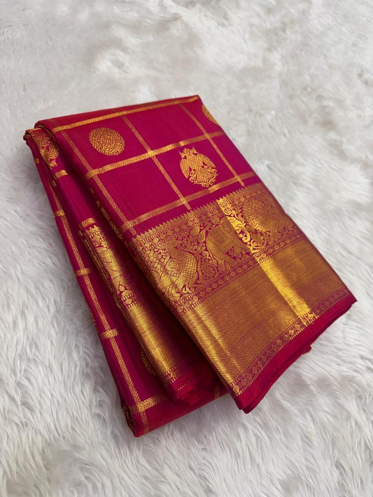Pure Kanchipuram silk saree in vibrant red with traditional gold zari kattam checks by Idam Living
