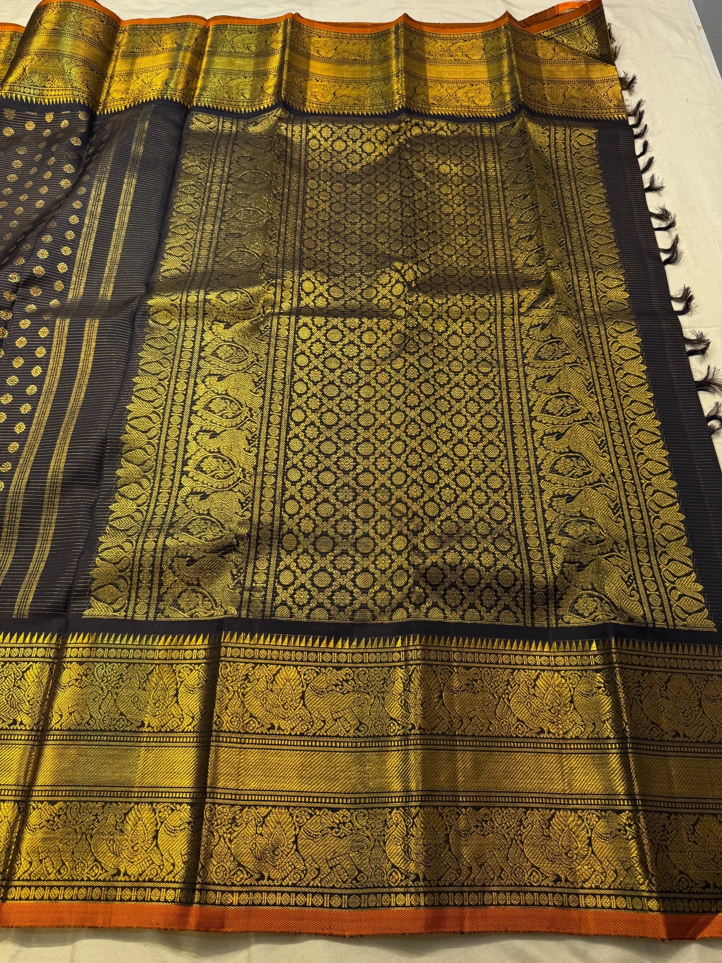 Kohl Black and Deep Red Kanchipuram Silk Saree – Meenakari Kamalam Butta