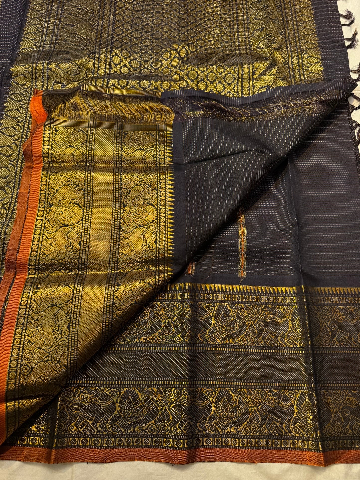 Kohl Black and Deep Red Kanchipuram Silk Saree – Peacock Pallu Detail
