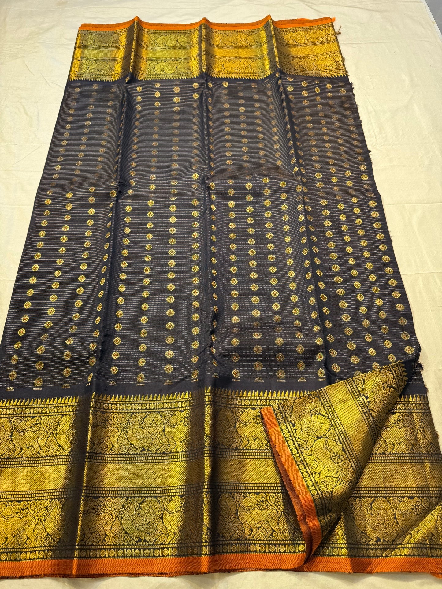 Kohl Black and Deep Red Kanchipuram Silk Saree – Rich Yazhi Border Closeup