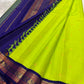 Lime Chartreuse Green and Royal Indigo Blue Handwoven Pure Silk Kanchipuram Saree with Korvai Adai Peacock Border