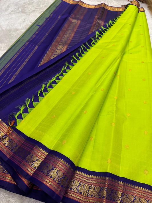 Lime Chartreuse Green and Royal Indigo Blue Handwoven Pure Silk Kanchipuram Saree with Korvai Adai Peacock Border