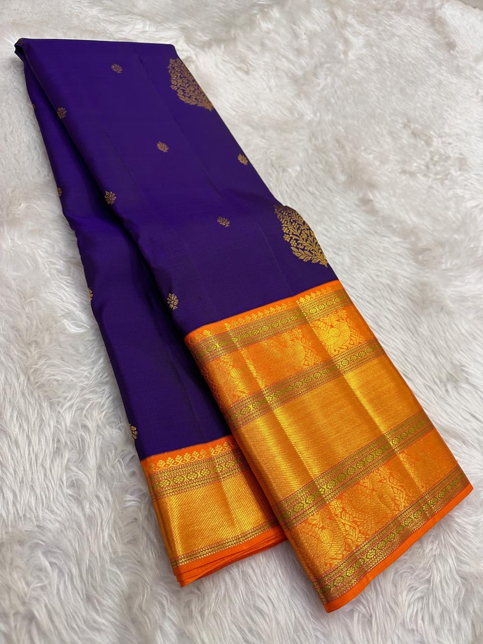 Pure Kanchipuram Silk Saree Purple with Kesar Border and Leaf Butta