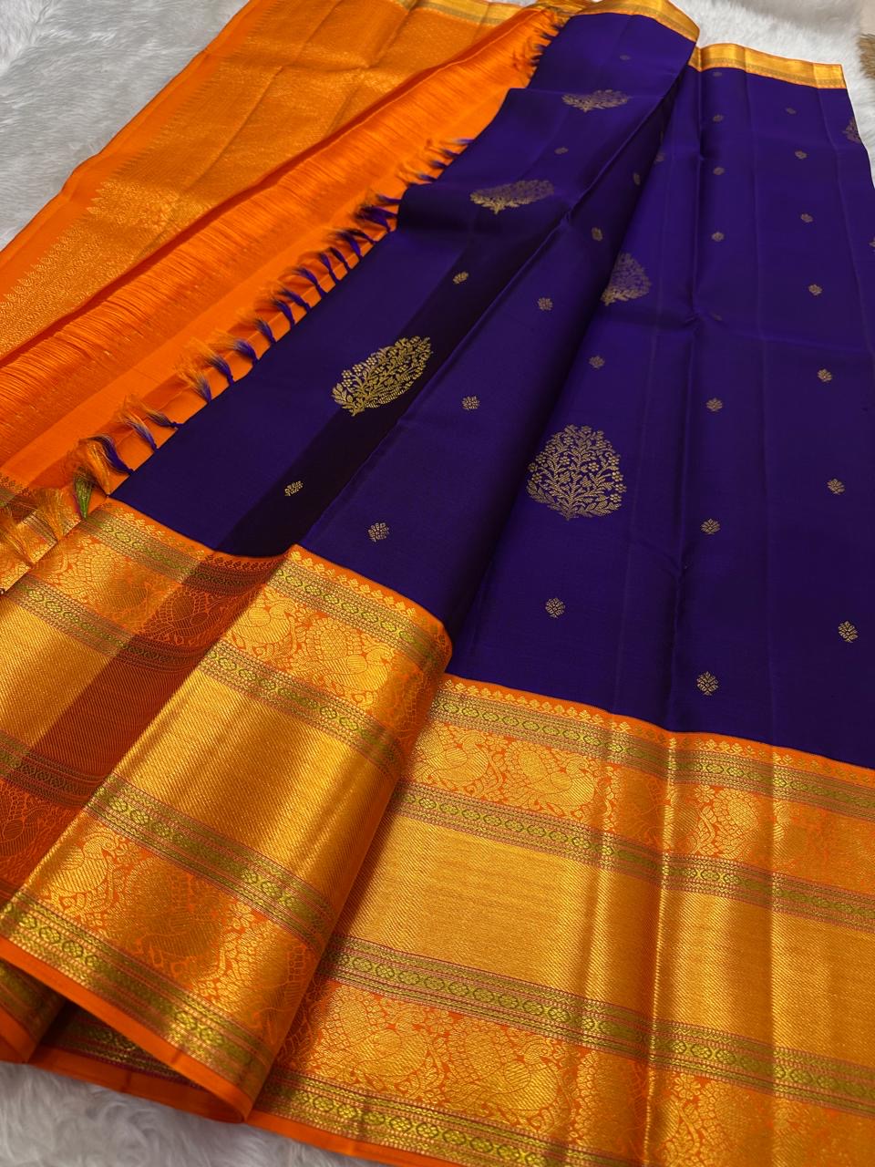 Pure Kanchipuram Silk Saree Purple with Kesar Border and Leaf Butta