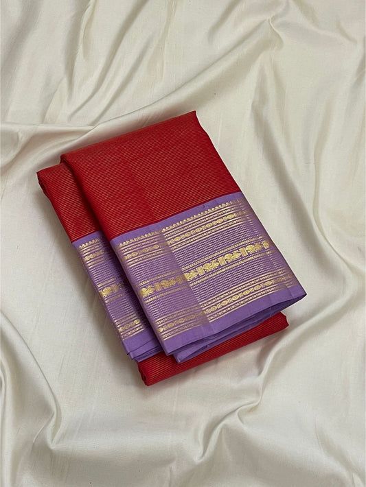 Pure Kanchipuram silk saree red body with lavender korvai border classic gold zari folded view