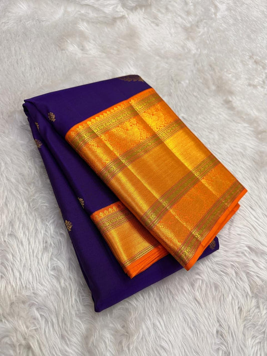 Pure Kanchipuram Silk Saree Purple with Kesar Border and Leaf Butta