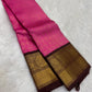 Pure Kanchipuram Silk Saree Pink with Antique Gold Zari Kattam and Peacock Border