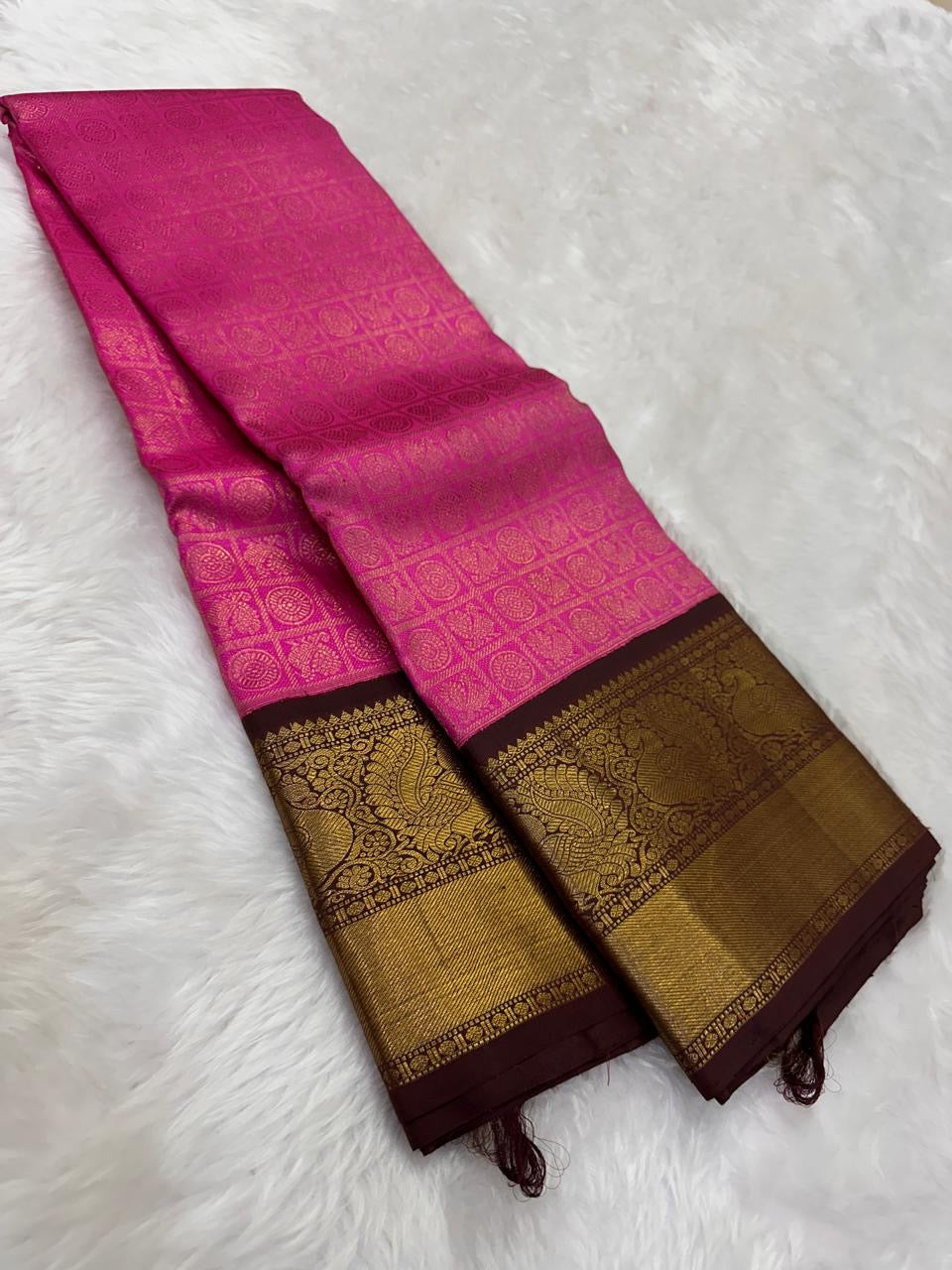 Pure Kanchipuram Silk Saree Pink with Antique Gold Zari Kattam and Peacock Border