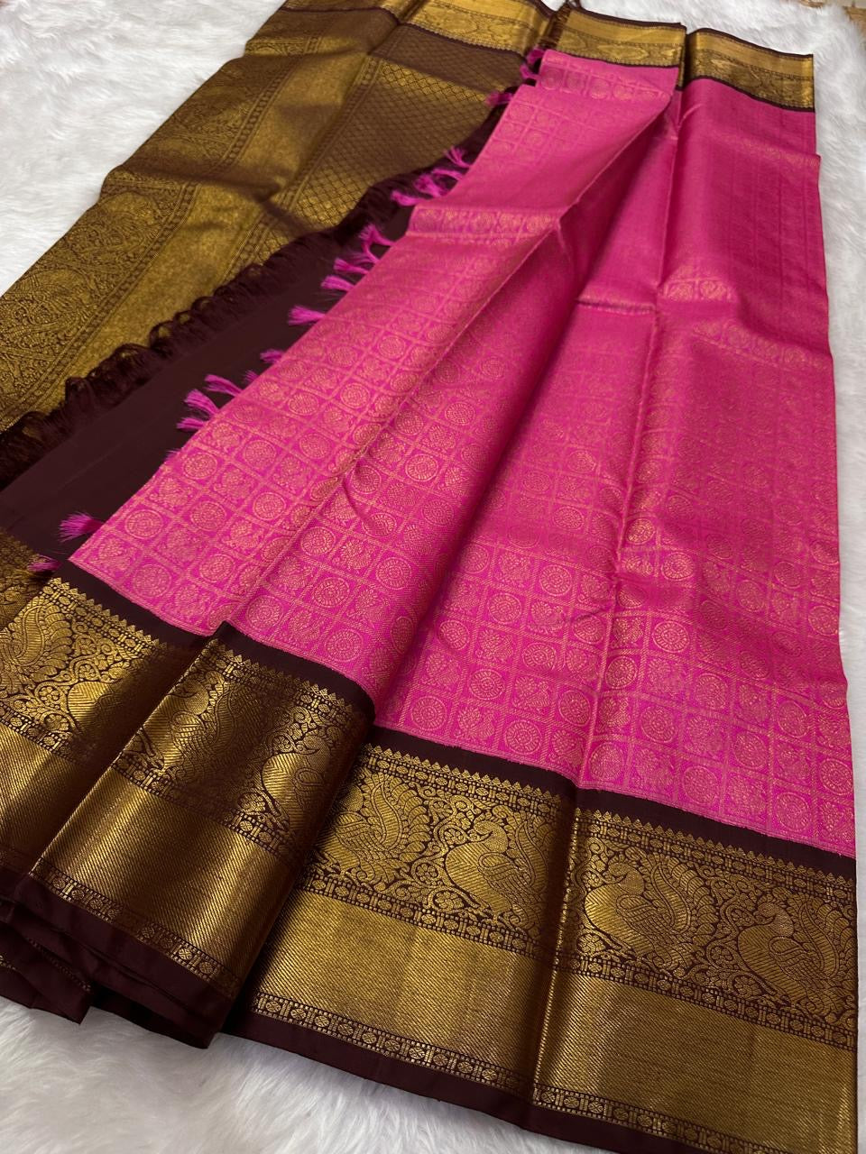 Pure Kanchipuram Silk Saree Pink with Antique Gold Zari Kattam and Peacock Border