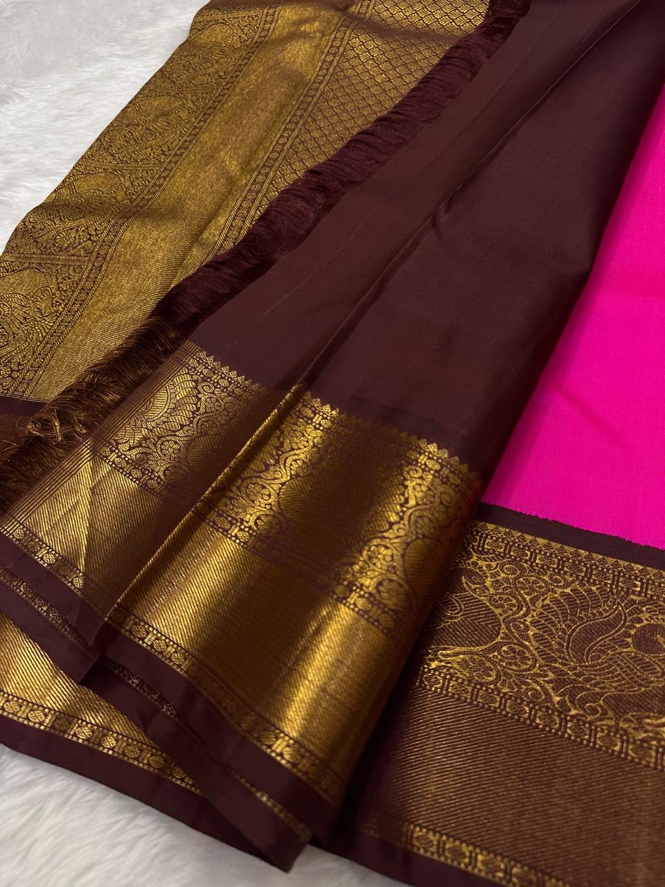 Pure Kanchipuram Silk Saree Pink with Antique Gold Zari Kattam and Peacock Border