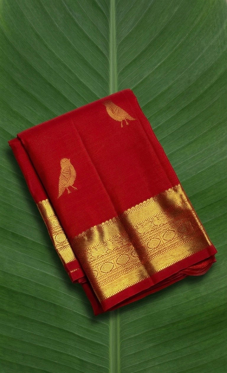 Vermillion red Kanchipuram pure silk saree with kuruvi butta and grand zari border – Idam Living