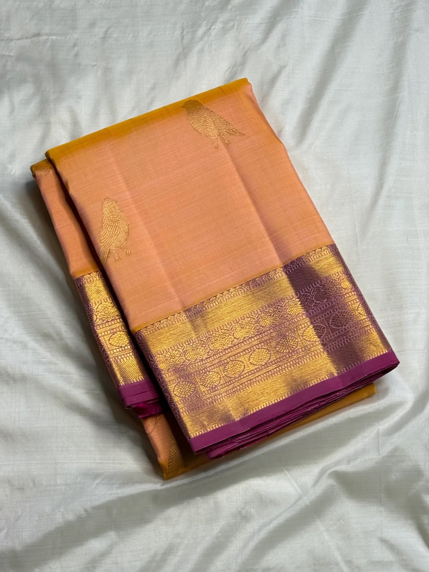 Handwoven kuruvi butta Kanchi pure silk saree in peach apricot – Idam Living