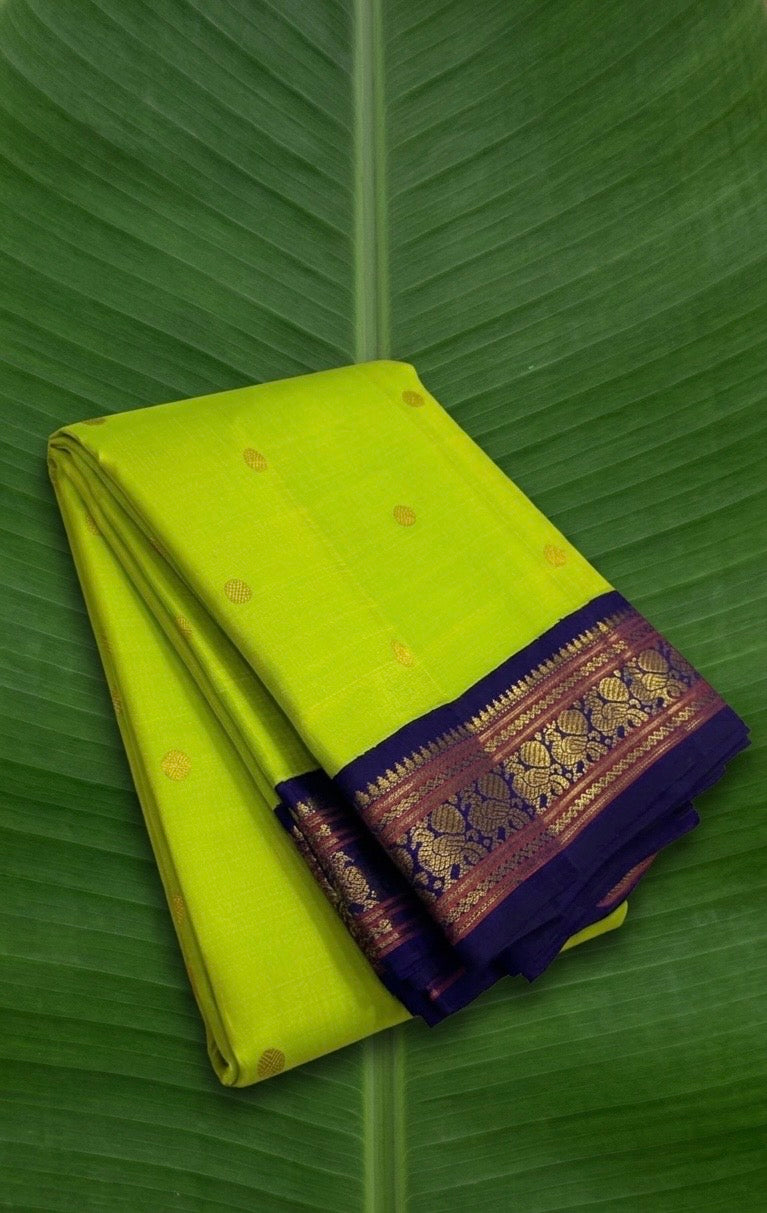 Lime Chartreuse Green and Royal Indigo Blue Handwoven Pure Silk Kanchipuram Saree with Korvai Adai Peacock Border