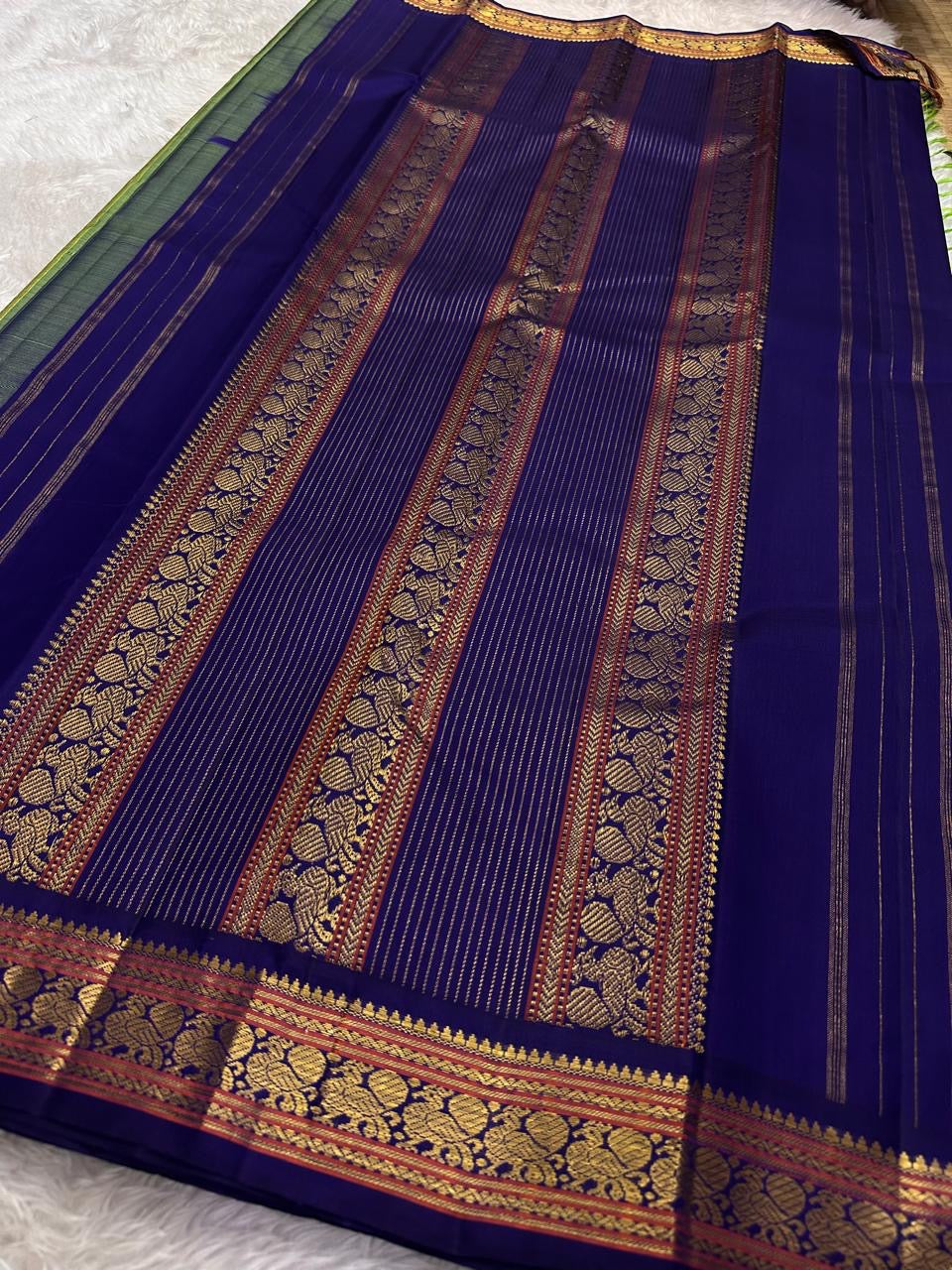 Lime Chartreuse Green and Royal Indigo Blue Handwoven Pure Silk Kanchipuram Saree with Korvai Adai Peacock Border