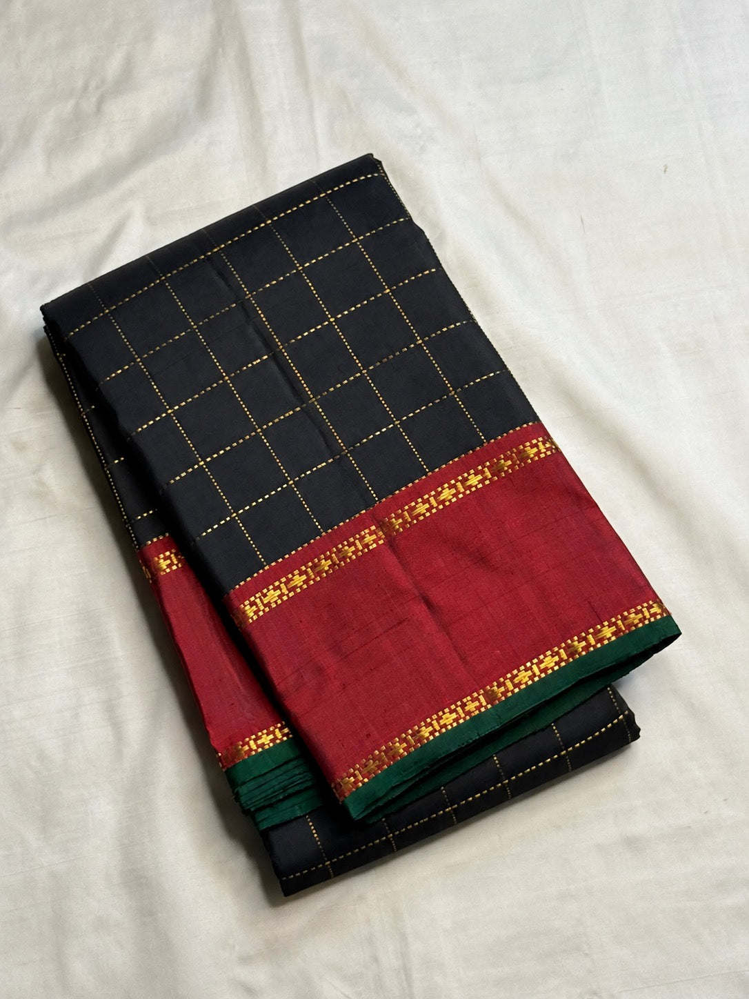 Midnight Black Pure Silk Kanjeevaram Zari Kattam Saree with Muthu Seer Checks – view 1