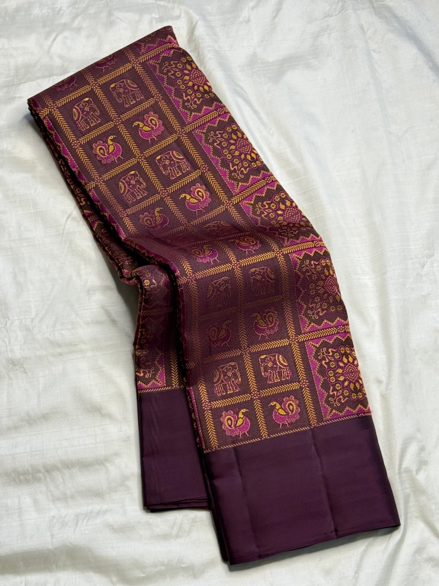 Magenta and antique gold border on chocolate brown Kanjeevaram silk saree Idam Living