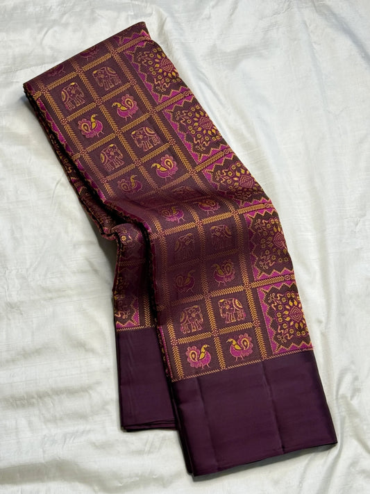 Magenta and antique gold border on chocolate brown Kanjeevaram silk saree Idam Living