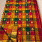 Antique gold zari border Kanchipuram silk saree border detail with multicolour checks