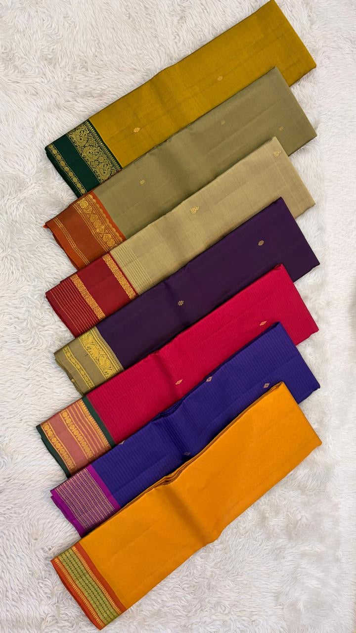 Mustard and Rust Handwoven Pure Silk Kanchipuram Saree with Gold Zari Band Border.