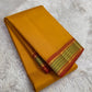 Mustard and Rust Handwoven Pure Silk Kanchipuram Saree with Gold Zari Band Border.